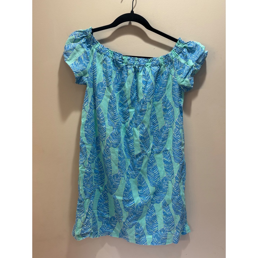 Vineyard Vines Off The Shoulder Dress Blue Green Feather Print Linen Blend Sz XS